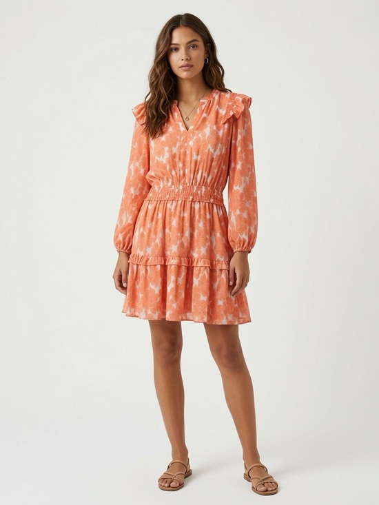 Current Air Dresses & Skirts - Current Air Coral Printed Ruffle V-Neck Mini Dress sz M